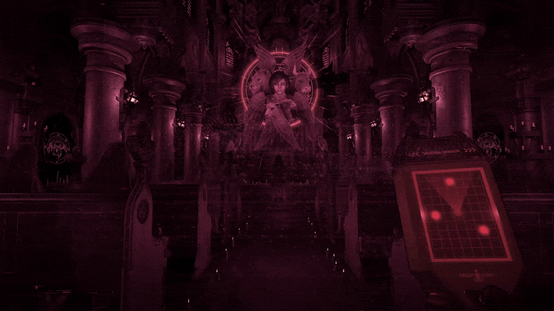 Approaching the angel Cherubim with the Motion Tracker tool in the Red Cathedral