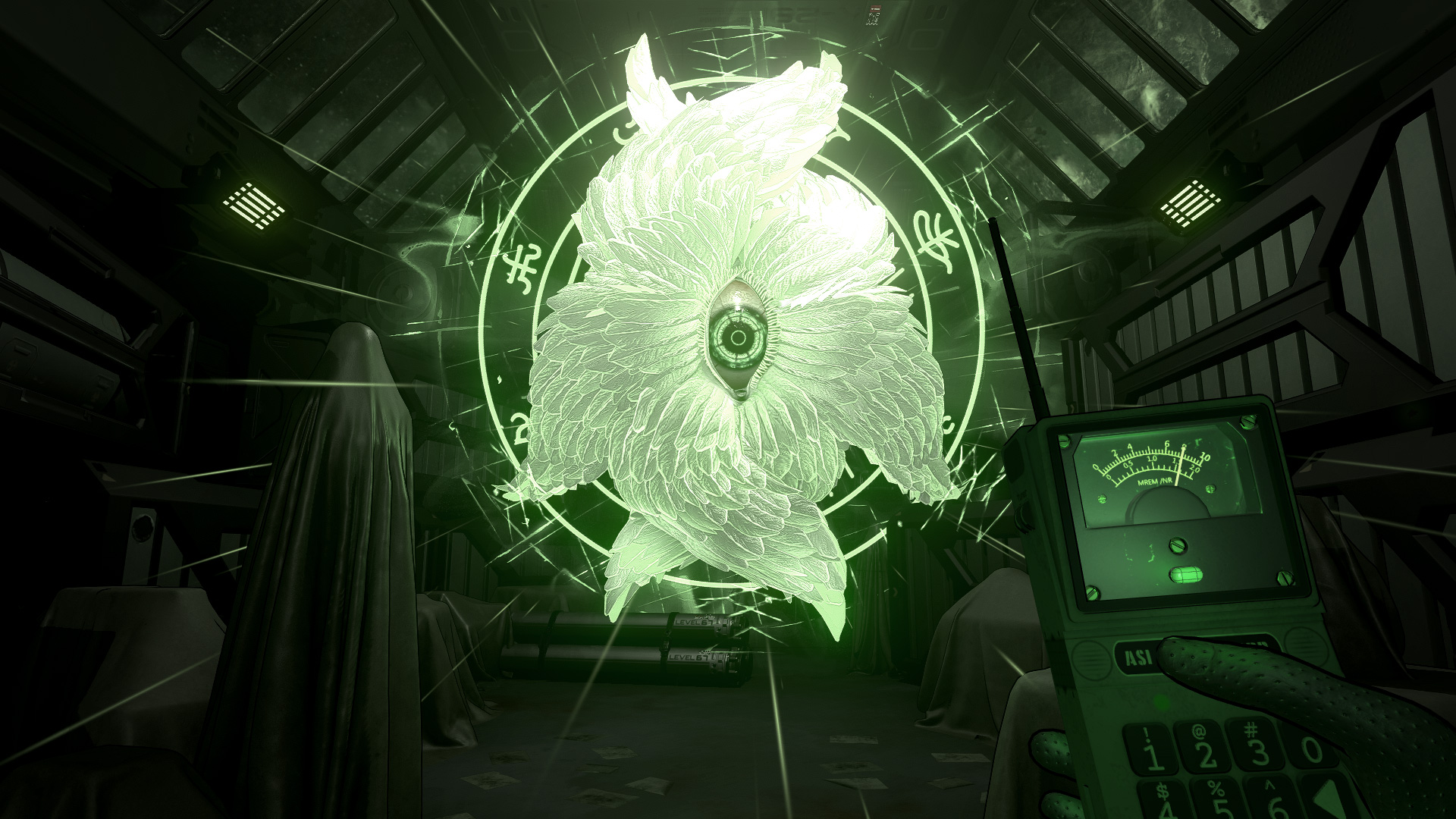 Seraphim angel with player holding the Resonance Listener tool in the Cargo Hold of the AIO Station