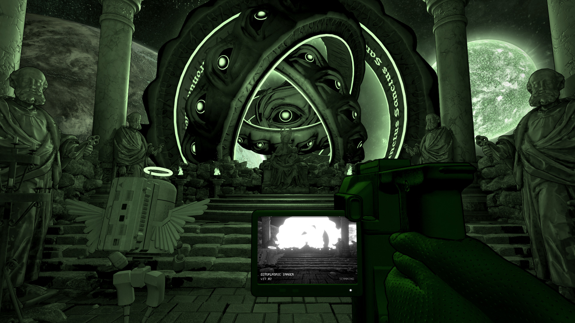 Ophamim angel with player holding the Ectoplasmic Imager tool in Deep Space