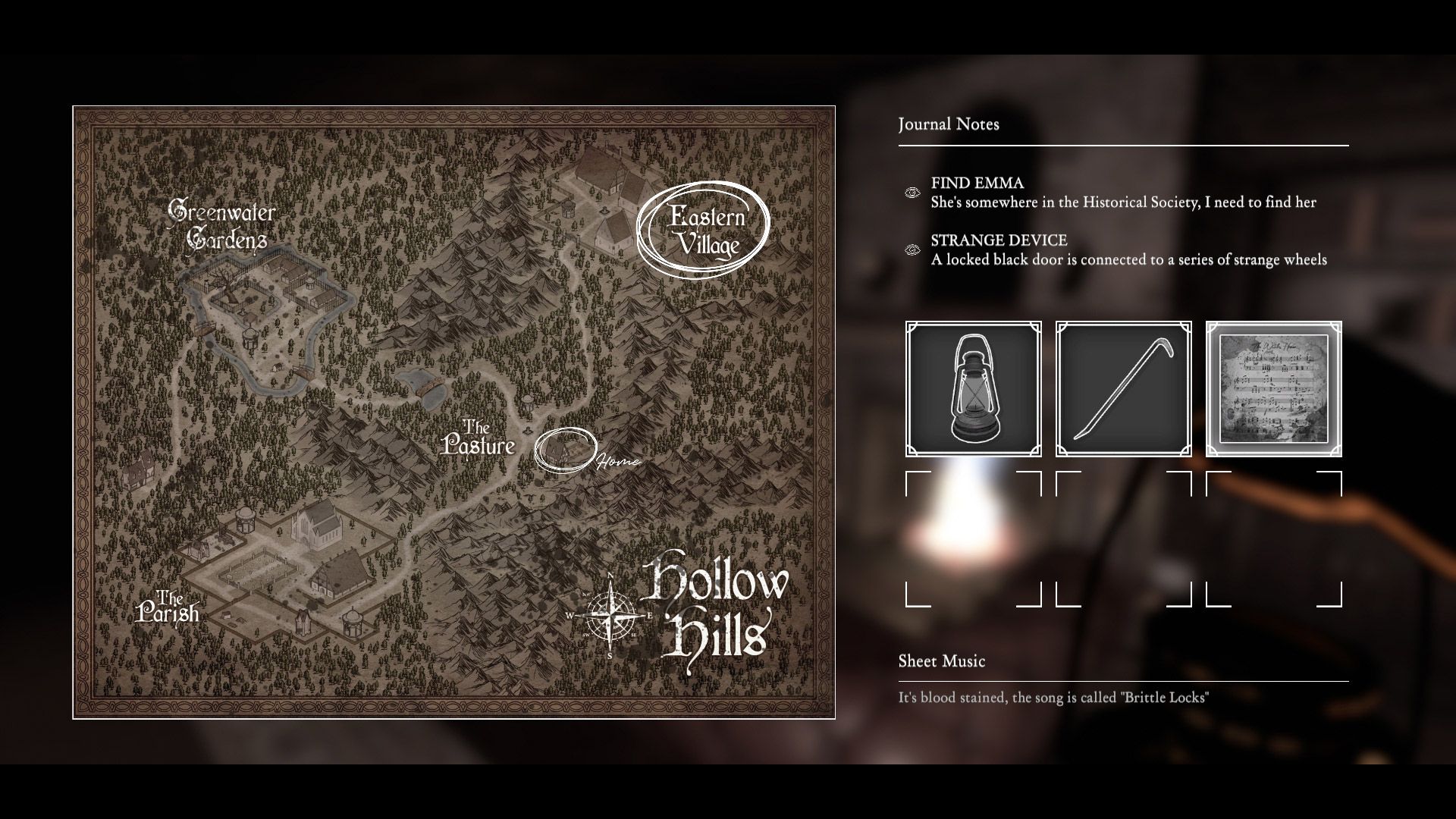 Map, objectives, and inventory display